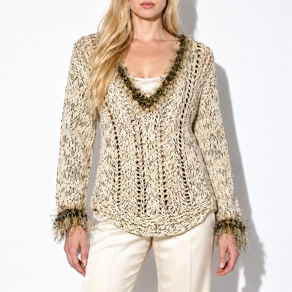 90s Vintage Rico Open Knit V Neck Fringed Sweater Womens M Cream Black Gold Boho
